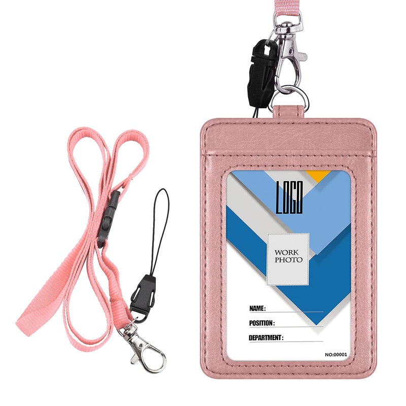 Wisdompro Badge Holder, Wisdompro 2-Sided PU Leather ID Badge Card Holder Wallet Case with 1 Clear ID Window and 1 Credit Card Slot and 22 Inch Quick Rlease Detachable Neck Lanyard Strap-Rose Gold (Vertical) - Image 1